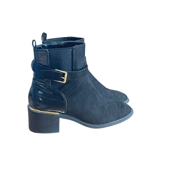 Liz Claiborne Shoes - Black Faux Suede & Croc-Embossed Ankle Boots With Gold Accents Size 7,5 M